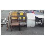 Furniture grouping with chairs, shelves, mirror,