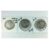 Three walking liberty half dollars 1917 and