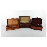 Three small wooden jewelry boxes, all show wear,