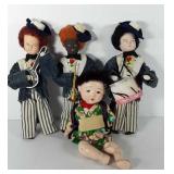 Four dolls, three marching band inspired dolls