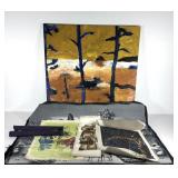 Paintings on canvas, most are rolled, but one in