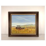 Painting on canvas, rusty truck in field, signed,