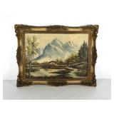 Painting on canvas, mountain cabin scene, signed,