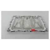 Tray with three relish dishes and utensils