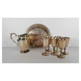 Silverplate goblets, pitcher and 12" tray
