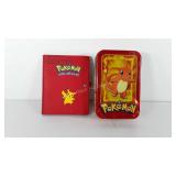 Pokemon tin and book, full of pokemon cards