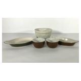 Hall cookware, two au gratin dishes, two custards