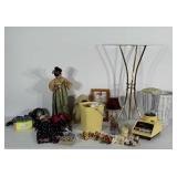 Mixed lot: Asian doll with stand, white wicker