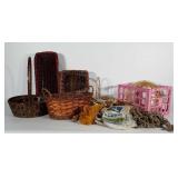 Baskets, pink poly crate, clothes line and rope /
