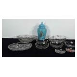 Glassware lot with painted ceramic canister. Lot