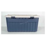 Rubbermaid storage tote with hinged lid.