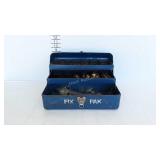 Metal toolbox with contents, plumbing hardware,