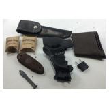 Earplugs, grips, buck knife case empty, etc