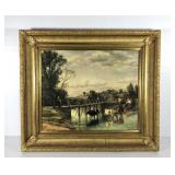 Country scene print on board in heavy gilt frame,