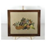 Crewel needlework cornucopia, framed 20x16,