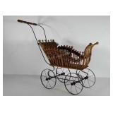 Vintage baby doll carriage, metal base, wooden