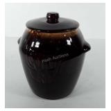 McCoy cookie jar, with brown drip glaze, 8"