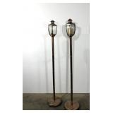 Copper toned candle holder lanterns, stand 58"