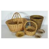 Group of woven baskets,  two with handles, one