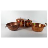 Copper items, two covered canisters, 5" and 6",