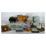 Group lot: basket, shoes, bean pot without lid,