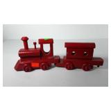 Wooden train, locomotive and train car