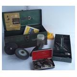 Tool Box with contents, drill bits, grinder
