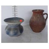 2-pc. Pottery Lot, Salt Glaze Spittune, Redware