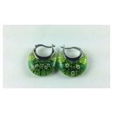 Green Murano style basket hoop stainless earrings