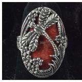Size 6 Sterling sponge Coral dragonfly Ring