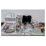 Mixed lot: purses, white wicker knickknack shelf,