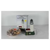 Beach house decor, basket of shells and porcelain