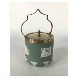 Wedgwood sage dip biscuit barrel,  EPNS silver