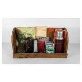 Garden shed shelf filled with seed packs, bags,