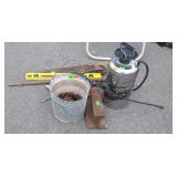 Miscellaneous items, galvanized bucket, sprayer