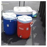 Three Coolers, 2 Water Dispensers, one igloo Ice