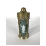 Wedgwood teal sugar shaker with silver holder, 6
