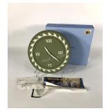 Wedgwood sage wall clock, 9", with box, 0255