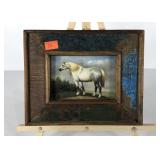 Small horse painting on board, rustic frame
