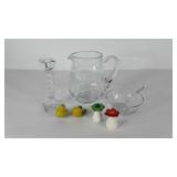 Salt & pepper shakers, etched glass pitcher &