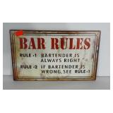 Metal Bar Rules sign. Measures 15x9 inches.