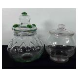Two glass jars, includes, green glass pumpkin jar