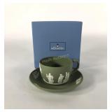 Wedgwood sage tea cup and saucer with box, WME,