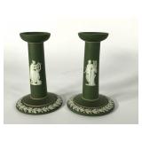Wedgwood pair olive dip pillar candlesticks,  6"