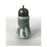 Wedgwood green dip sugar with silver sifter top,