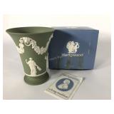 Wedgwood sage Bacchus vase with box, 6" x 4 3/4",