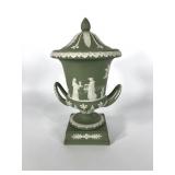 Wedgwood sage two handled covered urn, 11" x 7",