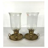 Brass candleholders with glass globes, stand 13"
