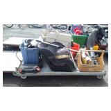 Skid of safety gate, fan, toolbox, helmets, car