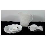 Milk glass, includes hobnail water pitcher (8"),